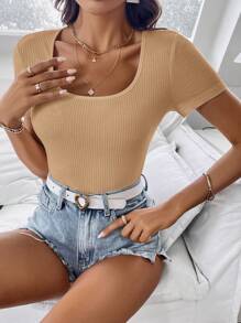 SHEIN Clasi 女士方领短袖修身罗纹休闲 T 恤 - 駝色 - 查看 6