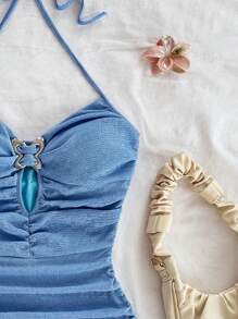 Soleia Women's Vacation Knit Metallic Thread Knit Fabric Halter Tie-Front Hollow Out Butterfly Button Decor Mini Dress With Ruffle Hem, For Party And Afternoon Tea - Blue - View 2