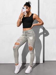 SHEIN EZwear Women's Pocketed Distressed Skinny Casual Versatile Denim Jeans - Army Green - View 4