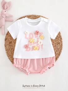 Cozy Pixies Set de 2 piezas para recién nacido niña: Top de punto de manga corta con cuello redondo y estampado de letras suave, y pantalones cortos de cintura elástica