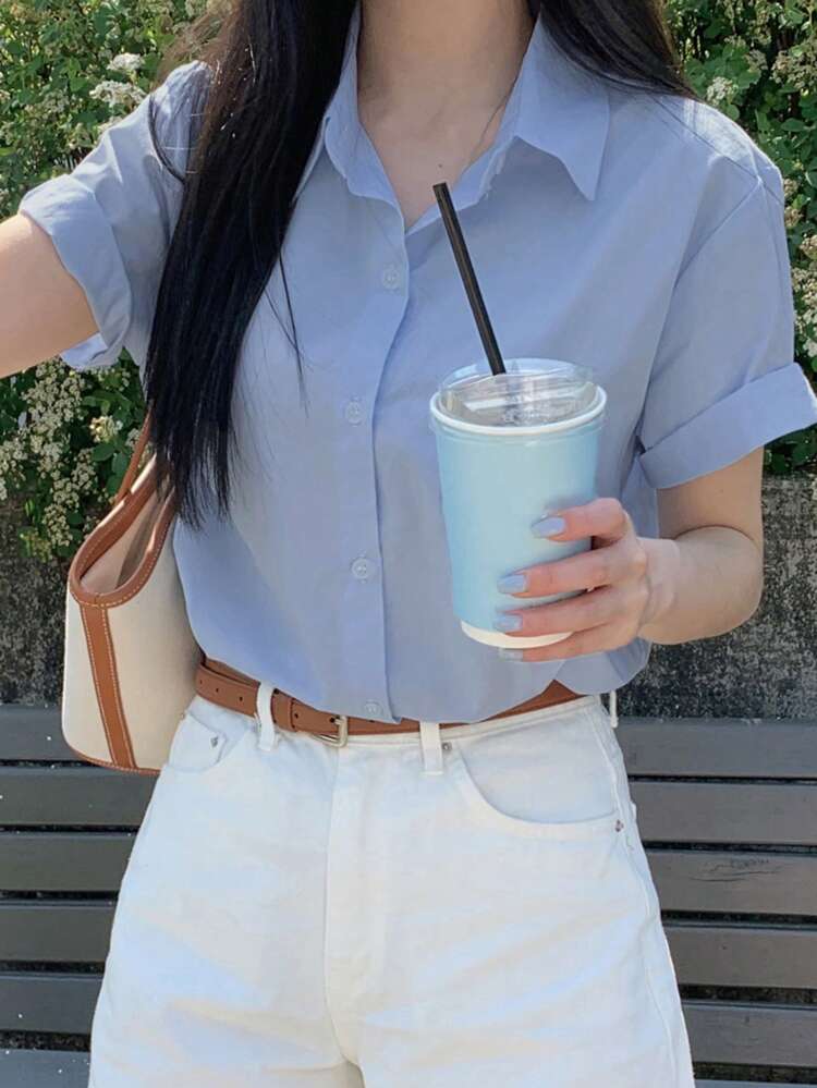 Women's Solid Color Casual Loose Turndown Collar Shirt For Commuting Preppy Tops Fall