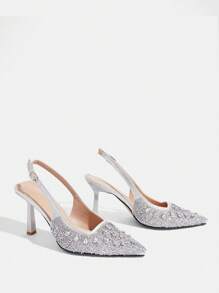 CUCCOO TILAWA أحذية زفاف نسائية ذات كعب عال، برؤوس مدببة، مزينة بالراين ستون، كعب عال مغلق، بلون فضي