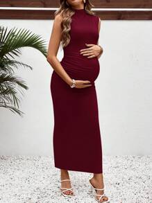 SHEIN Maternity Casual Stand Collar Fitted Long Dress - Burgundy - View 3