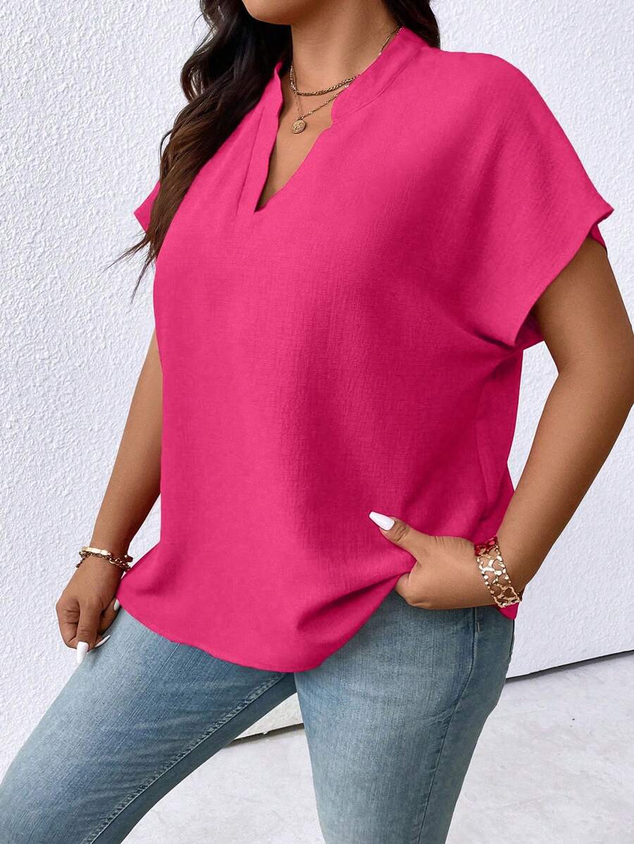 Plus Size Plain Color V-Neck Batwing Sleeve Simple Summer Shirt For New Year Clothes - Hot Pink - View 1