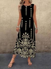 EMERY ROSE Women's Floral Print Round Neck Sleeveless Dress, Vacation Style Chic Dress - Multicolor - View 5