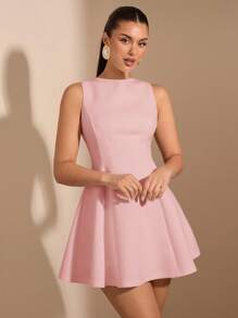 SHEIN BAE 女士纯色 A 字形无袖收腰优雅连衣裙，适合秋季 - 藕粉色 - 查看 4