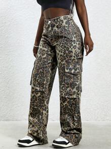 Slaydiva Women's Fashion Leopard Print Denim Cargo Pants - Multicolor - View 4