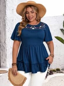 EMERY ROSE 加大码圆领花卉印花拼布休闲T恤，适合度假、夏装、女士度假装/度假、波西米亚风女装 - 藍色 - 查看 6