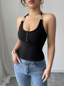 INAWLY Damski swobodny, uniwersalny, szczotkowany, prążkowany, czarny, kwadratowy dekolt, halter, wiązany, ozdobny łańcuszek z przodu, otwarty top - Czarne - Zobacz 1