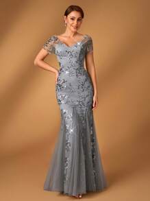 Serin Elegant Luxurious V-Neck Pearl Sequin Embroidery Lace & Mesh Mermaid Hem Dress, Suitable For Wedding, Party, Single Party, Vacation, Prom, Evening Gowns, Mother Of The Bride Dress - Dark Grey - View 5