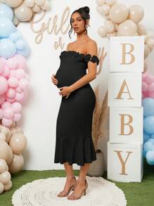 Loomaby Maternity Dress With 3D Floral Off Shoulder Design, Suitable For Gender Reveal Party And Baby Shower - Black - View 3