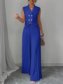 Elenzga Women's Elegant Solid Color Double Breasted Vest & Wide Leg Pleated Pants Suit Set - Royal Blue - View 5