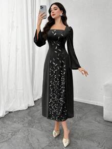 Modelyn 女士方领长袖优雅亮片网眼连衣裙 - 黑色 - 查看 3
