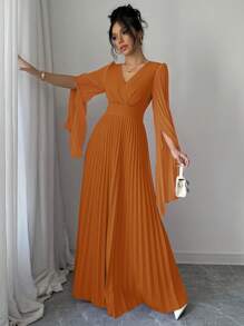 Elenzga Đầm Maxi Nữ Thanh Lịch Lãng Mạn Cổ Chữ V Tay Hở Xếp Ly Trang Phục Nữ - Màu Cam cháy - Xem 5