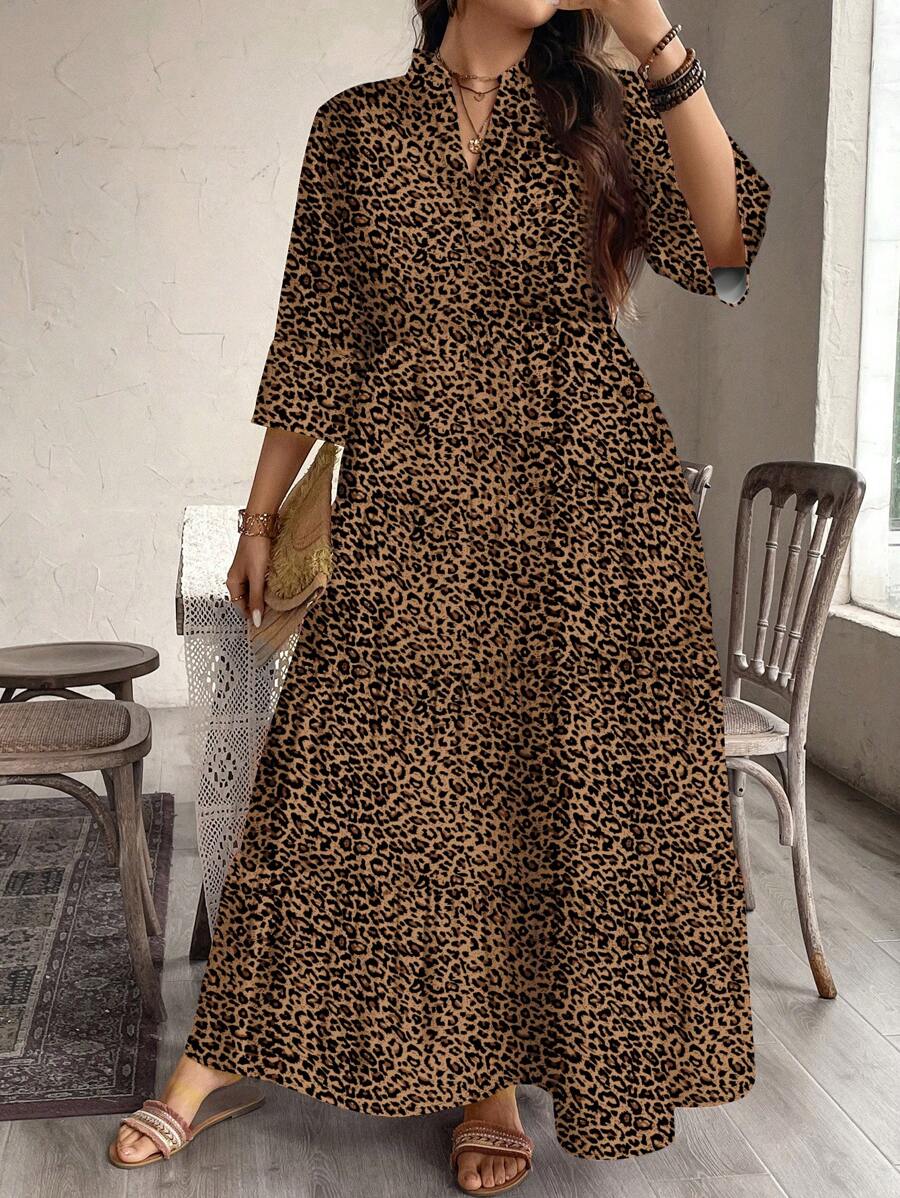 SHEIN LUNE 大码休闲简约优雅百搭豹纹图案连衣裙，适合春夏季 - 棕色 - 查看 1