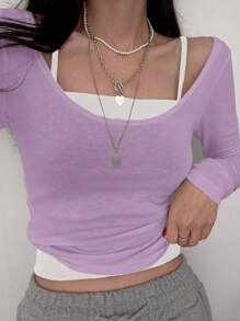 DAZY 2pcs/Set Women Solid Color Long Sleeve T-Shirt And Camisole,Fall Clothes - Mauve Purple - View 1