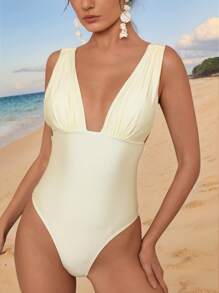 SHEIN Swim 1 件女式纯色褶皱性感深 V 领连体泳衣，适合夏季海滩度假 - 米色 - 查看 5