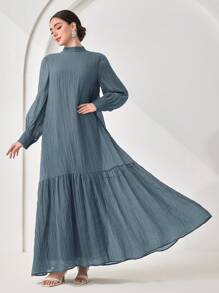 Veilorie Women's Elegant Solid Color Stand Collar Long Sleeve Ruffle Hem Dress - Blue - View 3