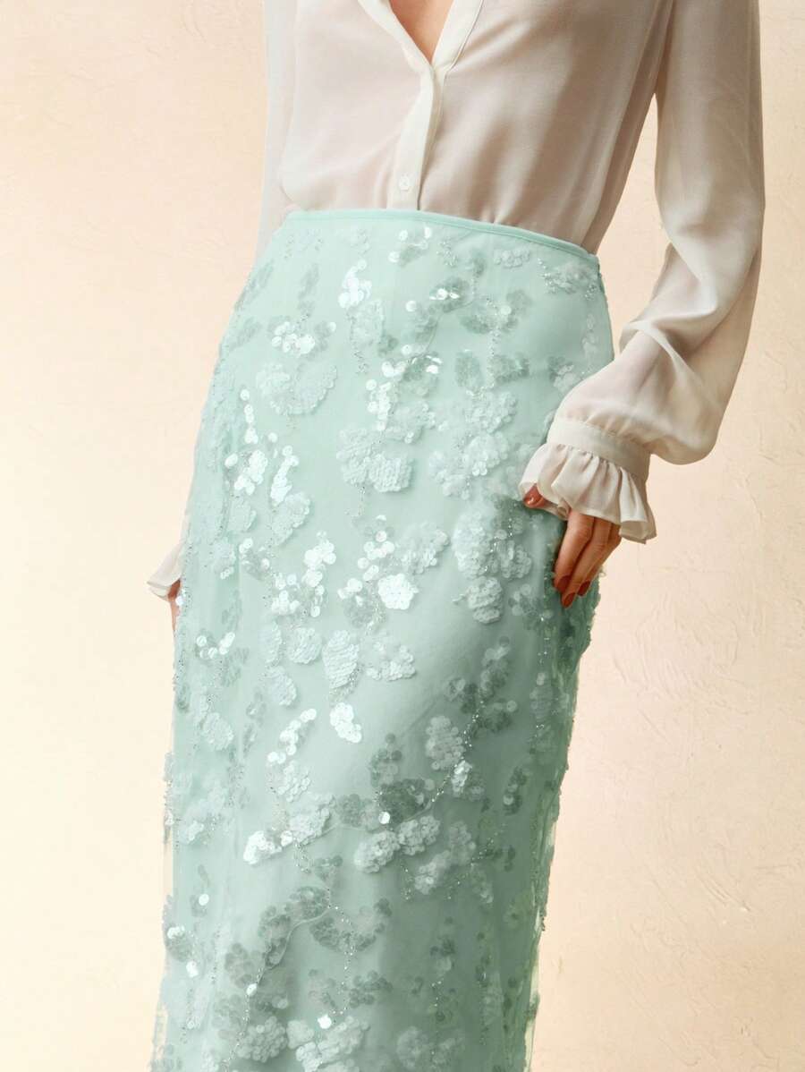 Anewsta 女式亮片和网眼新款串珠铅笔裙 - 綠色 - 查看 1