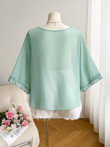 CosyJoli Blusa de verano romántica sencilla y versátil con volantes y patchwork en color verde para tallas grandes - Verde - Ver 2