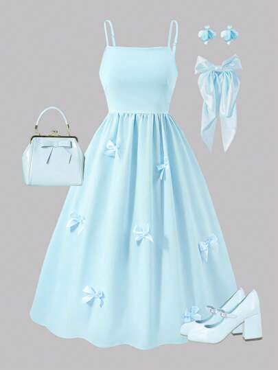 Sparklyn 少女优雅可爱蝴蝶结无袖吊带短裙，适合夏季和春季穿着、聚会和度假