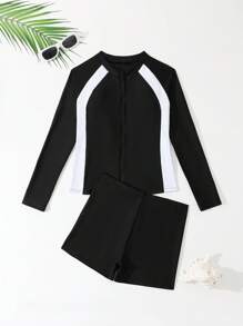 Teen Girls Black And White Zip-Front Surf Suit,Long Sleeve Tankini Swimwear Set