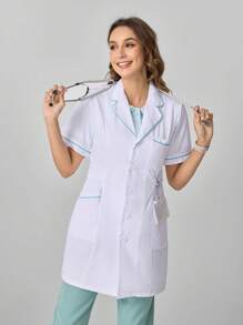 Scrubzie Women's Solid Color Lapel Collar Long Sleeve Pocket Casual Lab Coat Flat Collar Button Front Regular Jacket, Lab Coats Women Colorblock Trim Button Front Scrub Top With Pockets, White Gown For Women Women Scrub Sets For Women Nurse Scrub Sets Women Women Scrub Sets Women Tops Blouses Tee Professional Clothes Women Sets Scrubs Scrub Sets Plus Size Scrub Sets Women Clothing 2 Pieces - White - View 3