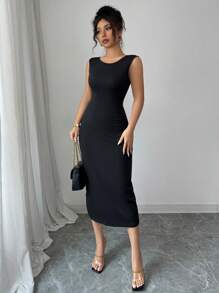 Elenzga Women Lace Patchwork Hollow Out Midi Dress - Black - View 4