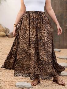 SHEIN Clasi Leopard Print Chiffon Flowy Skirt For Plus Size Women, Elegant Daily Beach Skirt Plus Size Skirts Classy Skirt Women Maxi Skirt