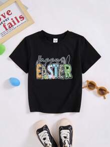 Young Boy Black Easter Letter Graphic Round Neck Short Sleeve T-Shirt, For Gifts - Black - View 3