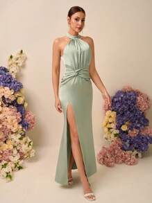 SHEIN Belle Spring And Summer Elegant Romantic Light Green Satin Halterneck Sleeveless Gathered Twisted Slim Fishtail High Slit Backless Suitable For Wedding Events Dating Holiday Dance Dinner Bridesmaid Dress - Green - View 6