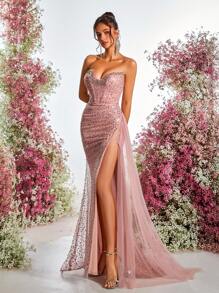 Glamrae Elegant Lotus Pink Luxury Bead & Sequin Mesh Splice Handcrafted Rhinestone Embellished Strapless Fishbone Side High Slit Fishtail Formal Evening Gown - Dusty Pink - View 5