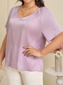 EMERY ROSE Plus Size Casual Solid Color Short Sleeve Shirt - Purple - View 5