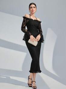 Modelyn Vintage Jacquard Neckholder A-linie Kleid Mit Volant Ärmel Für Frauen, Frühling/sommer