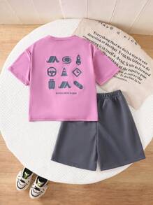 2 sztuki młodzieżowego, luźnego T-shirtu z nadrukiem górskim + zestaw swobodnych szortów cargo, odzież uliczna