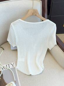 Chiquease Women's Solid Color Knit Short Sleeve Top, Minimalist & Fashionable For Summer - White - View 2
