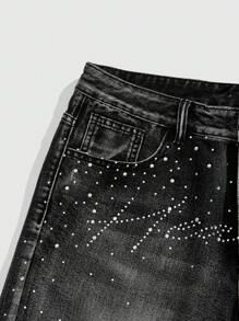 ROMWE MEN Street Life Men's Rhinestone Distressed Denim Shorts Jorts, Minimalist & Fashionable, Suitable For Summer