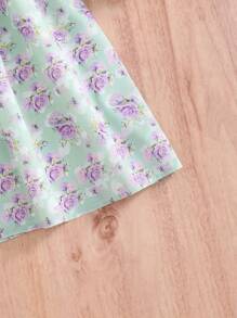 SHEIN 1 pièce Robe d'été à fleurs, col papillon à bordure en maille, manches bouffantes, pour vacances, printemps/été, pour filles