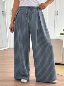 SHEIN Frenchy 大码休闲通勤条纹系带直筒裤 - 灰色 - 查看 1
