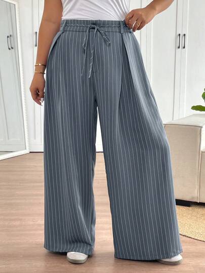 SHEIN Frenchy Plus Size Casual Commuting Striped Lace-Up Straight Leg Pants