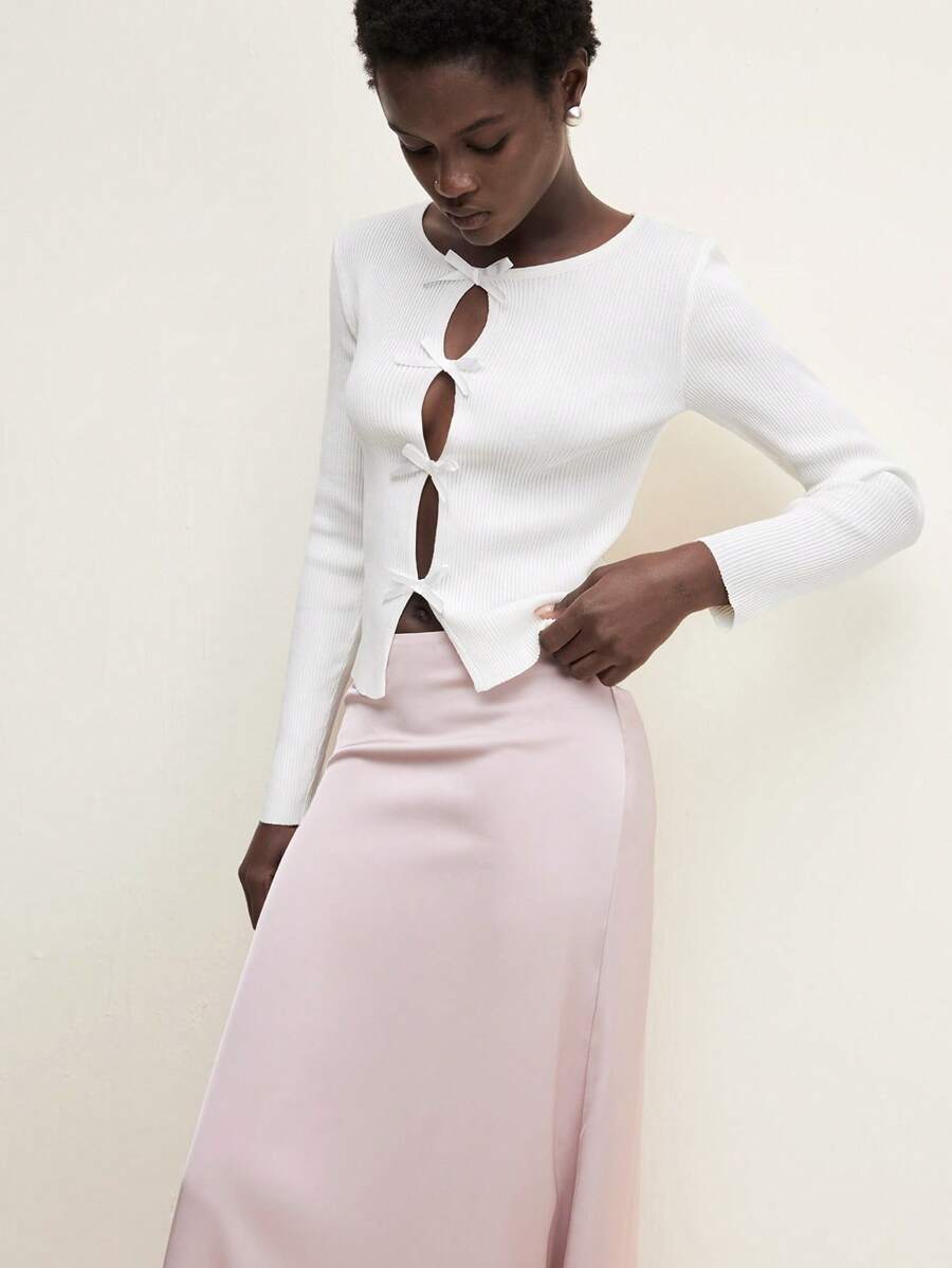 BizChic Women White Long Sleeve Hollow Out Bowknot Crew Neck Knit Cardigan, For Spring And Summer - White - View 1