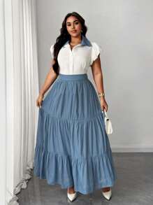 SHEIN Unity 2 件大码纯色泡泡袖纽扣衬衫和分层荷叶边下摆裙子套装，适合春夏季 - 藍白色 - 查看 5