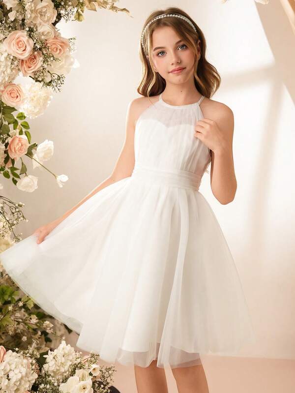 Abito da principessa elegante per ragazze pre-adolescenti, abito da festa di matrimonio leggero e arioso senza maniche in tulle, adatto per bambini