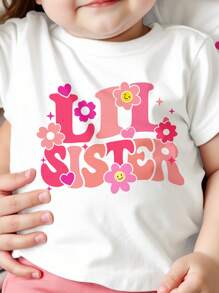 SHEIN 姐妹套装，粉色“Lil Sister”字母印花休闲短袖圆领女婴T恤，适合夏季 - 白色 - 查看 3