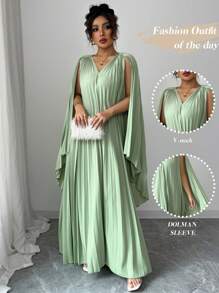 Elenzga 女士纯色宽松直筒褶皱长款连帽斗篷连衣裙