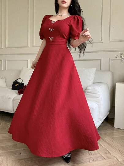 Feyla Elegant Bow Rhinestone Embellished Puffy Sleeve Extra Long Women Dress, Classy Dresses For Women, Beautiful Dress For Women, Women Dresses Elegant Gown