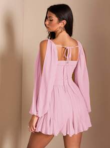 SHEIN BAE 女式夏季纯黑色性感简约蝴蝶结领口开衩灯笼袖透明轻薄连衣裙，适合海滩、度假、日常穿着 - 淺粉色 - 查看 2