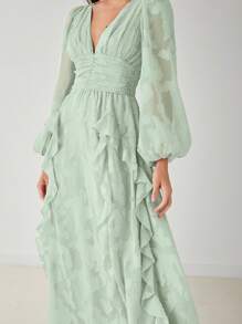 Enchnt 春夏浪漫女士淡绿色 V 领长袖荷叶边长裙，甜美优雅，适合度假、约会、节日、派对、毕业典礼和婚礼宾客，舞会礼服，女士音乐会节日服装，女士复活节礼服，女士夏装，女士太阳裙，夏装 - 薄荷綠 - 查看 2