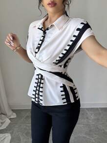 SHEIN Unity Women's Retro Lapel Tie-Waist Casual Patterned Short Sleeve Blouse, Summer - Apricot - View 4