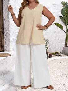 EMERY ROSE 2pcs Plus Size Women V Neck Sleeveless Shirt & Pants Set,Summer Outfits For Women,Vacation Outfits Woman,Casual Everyday Wear